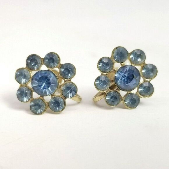 Vintage Light Blue Rhinestone Cluster Clip On Earrings, Screw Back, Estate - Picture 1 of 6